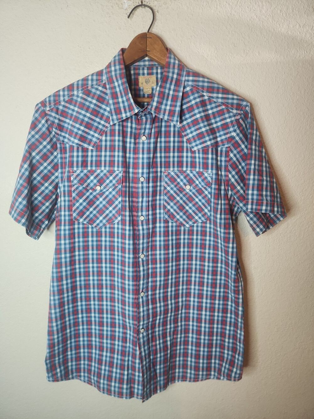Trevero White Blue Red Check Shirt Large – Snap Front – Pearlsnap